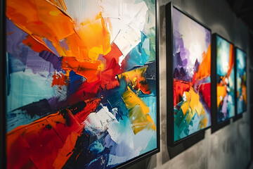 Contemporary triptych of abstract oil paintings, framed for exquisite display   - obrazy, fototapety, plakaty