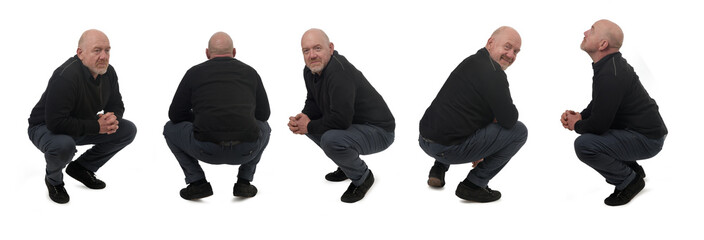 various poses of same man squatting on white background