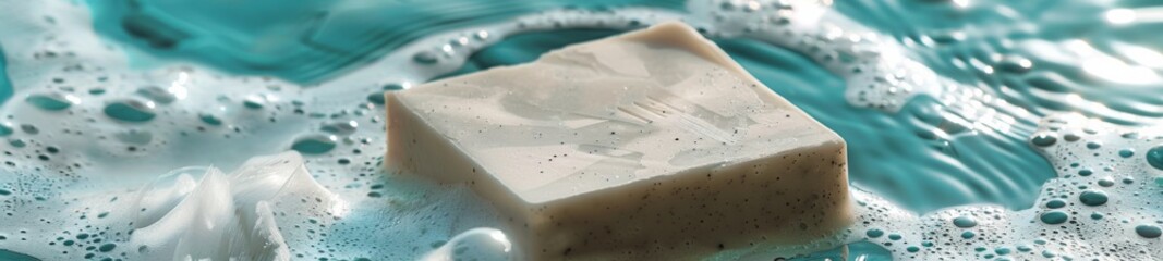 Bar of exfoliating soap suspended in a whitewash high tide - obrazy, fototapety, plakaty