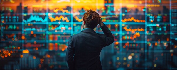 A male businessman Standing stressed out in front of the stock trading board