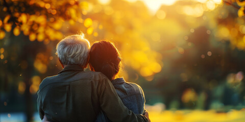 Elderly Couple Embracing in Golden Sunset.
Senior couple enjoying a warm embrace in the sunset light.