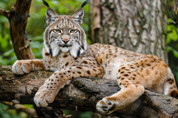 Fototapeta premium Lynx on a Tree Branch in Dense Foliage