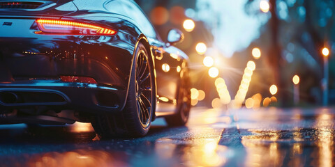 Luxury Car on Rainy Evening Street.
Luxury car under city lights on a reflective wet street.