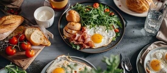 Delicious spread of food on a table with a hot cup of coffee for breakfast or brunch
