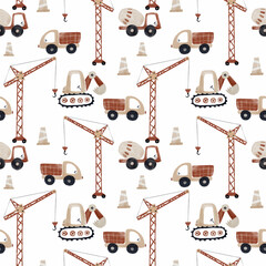 Beautiful seamless pattern with hand drawn cute baby toy illustrations. Construction equipment. Dump truck, concrete mixer, excavator, crane. - 740808856