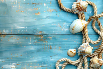 Background with sea shells and rope on blue wooden boards