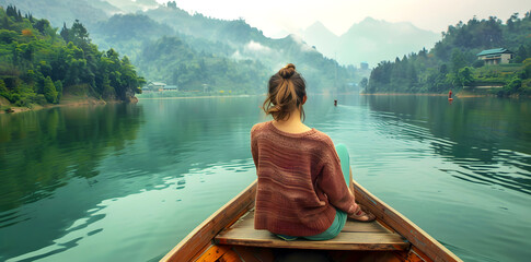Girl sitting on her back in a canoe on a lake between mountains