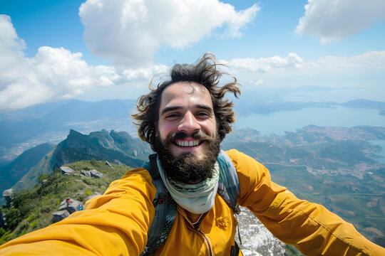 Smiling man taking a selfie on top of a mountain