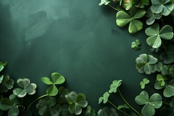 A green canvas with empty space for St Patricks Day decorated with four leaf clovers for fortune