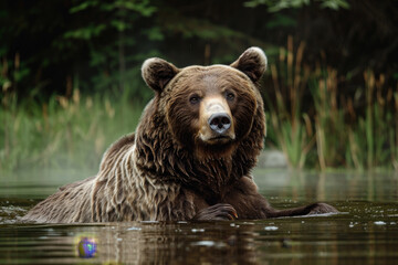 Obraz premium Brown Bear Wading in Water Amid Lush Greenery