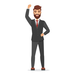 Funny happy businessman standing with hand up, man greeting with smile vector illustration