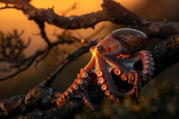 Octopus Perched on Branch with Warm Sunset Glow, Displaying Tentacles and Textured Skin