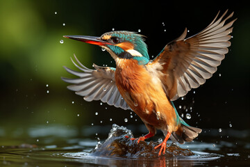 The female Kingfisher emerged from the water after him - obrazy, fototapety, plakaty