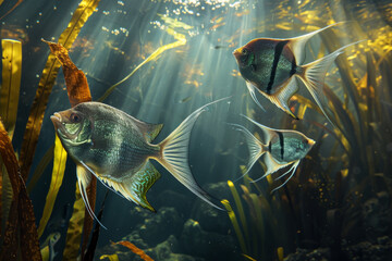 Tropical fish swimming gracefully among sunlit kelp in a serene underwater scene.