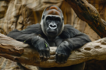 Intense male gorilla staring directly at the camera, resting arms on a tree branch in a natural setting.