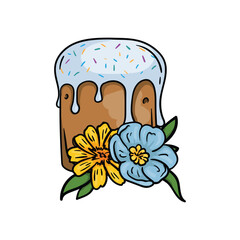 Vector image of Easter cake with decoration and spring flowers yellow and blue. Illustration for an Easter card
