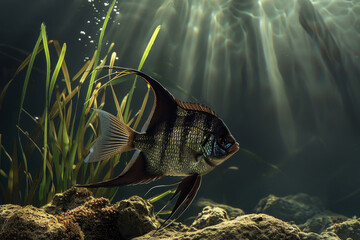 Angelfish swimming in a serene underwater scene with sunbeams filtering through water and lush aquatic plants.