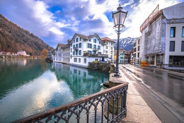 Scenic town of Interlaken and Alpine landscape view - obrazy, fototapety, plakaty