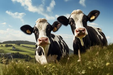 Amidst the golden grass and blue sky, two dairy cows stand in a peaceful pasture, content in their bovine companionship within the vast meadow of their farm