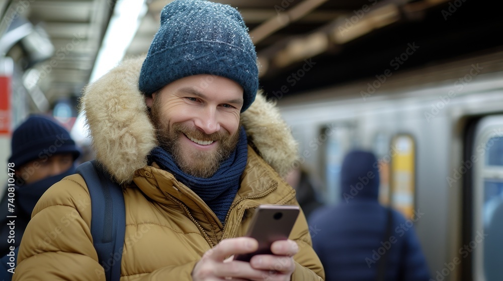 Poster bearded man with a cheerful expression using smartphone while waiting at a train station platform