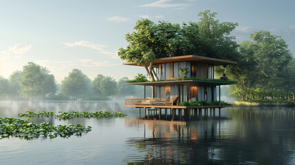 Fototapeta na wymiar A small house on stilts, surrounded by water. The elevated design not only offers flood protection but also provides breathtaking views of the tranquil surroundings.