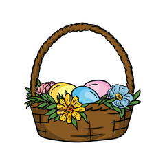 Fototapeta na wymiar Vector illustration of Easter basket with painted eggs and flowers. Image for Easter Card, Print and Sticker