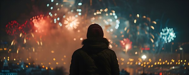Group of people observing fireworks display during New Years Eve celebration. Concept New Years Eve, Fireworks Display, Celebration, Group of People, Observing, - obrazy, fototapety, plakaty