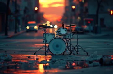 Under the city lights, a lone drum set stands on the street, beckoning passersby to join in the symphony of music and the rhythm of the night