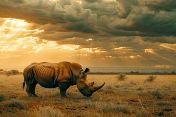 Fototapeta premium Majestic Rhinoceros Grazing at Sunset in Savannah