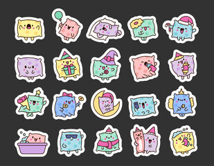 Cute funny pillow with happy face. Sticker Bookmark. Cartoon kawaii character. Hand drawn style. Vector drawing. Collection of design elements.