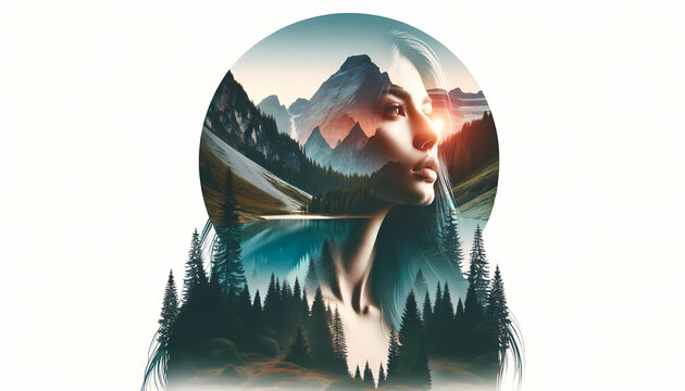 A panoramic double exposure artwork combining a woman's silhouette with elements of nature to depict the unity between humans and the natural 