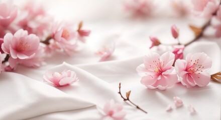 Sakura flower on white cotton fabric cloth backgrounds