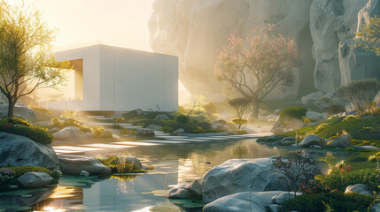 A solitary white cube house, surrounded by a meticulously manicured garden with Zen-inspired rock formations, captured under the soft glow of the morning sun. - Powered by Adobe
