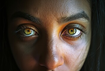 A captivating portrait of a woman's eyes, with her delicate eyelashes and perfectly shaped eyebrows accentuating the intricate details of her iris and flawless skin, creating a mesmerizing image that