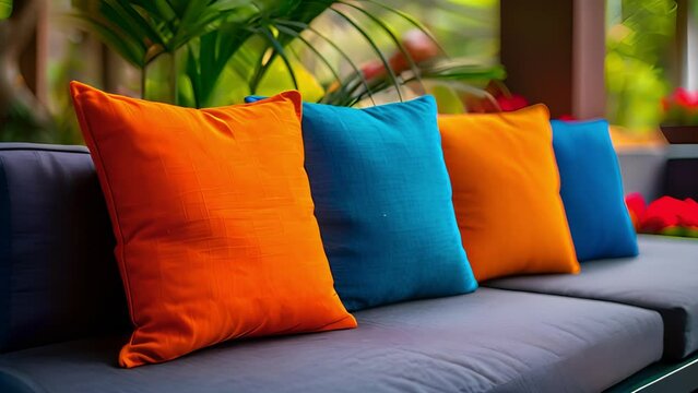 Various colored pillows in a row on a sofa. Row of many color of pillows decoration on the vintage wooden seat with white pads near the green garden. 4k video colorful