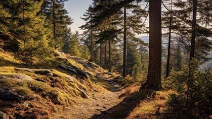 Fototapeta premium Beauty of sunrise in the sumava mountains, trees in autumn colors