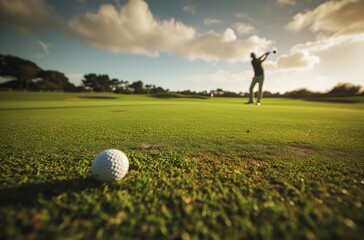 A lone golf ball rests on the vibrant green grass, awaiting its turn in the intense game of foursome golf, surrounded by the expansive outdoor landscape under a clear blue sky