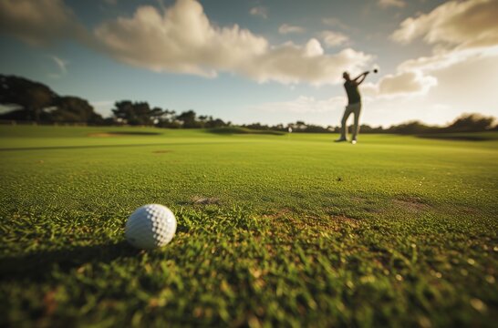 A lone golf ball rests on the vibrant green grass, awaiting its turn in the intense game of foursome golf, surrounded by the expansive outdoor landscape under a clear blue sky