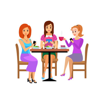 Women sitting at table to talk and eat, female friends holding mobile phones vector illustration