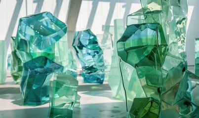 Abstract blue and green tender glass sculptures in art museum as art gallery background with a lot of light