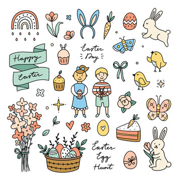 Cute Easter clipart. Hand drawn Easter doodle set. Spring illustrations on white background