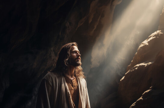 Daniel in the lion's den, looking up to God