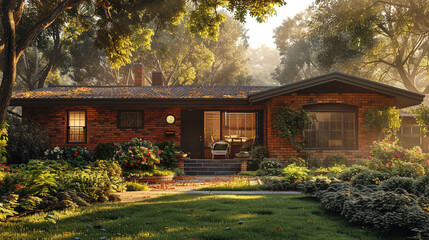 A suburban ranch-style house, during the golden hour, the warm tones of the brick facade and the...
