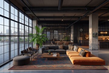 Open office straight industrial with black windows and modern furniture