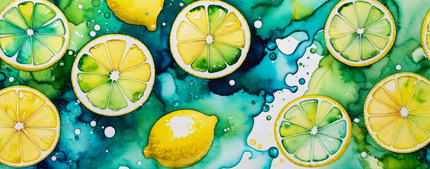 Cross section of a lemon. Background with smeared turquoise paint. Lemon illustration in watercolor style. Abstract watercolor background with splashes.