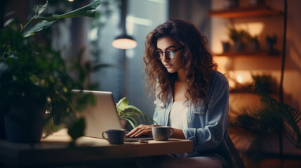 A creative young woman is working on a laptop in her studio. Freelancer, Businesswoman, Graphic designer, Retoucher is engaged in his favorite work and hobbies.