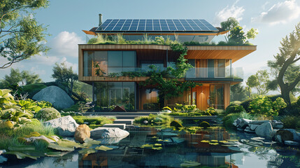 A sustainable eco-home with solar panels, emphasizing the technological features and modern design...