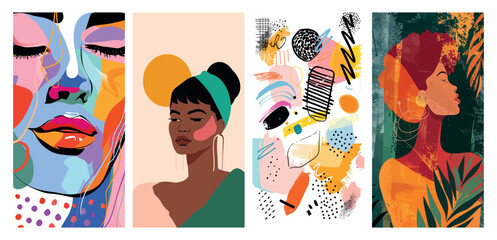 Vibrant collection of four feminine portraits and a dreamcatcher illustration, poster set. - obrazy, fototapety, plakaty