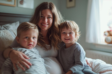 Obraz premium Pregnant mother with children on bed at home