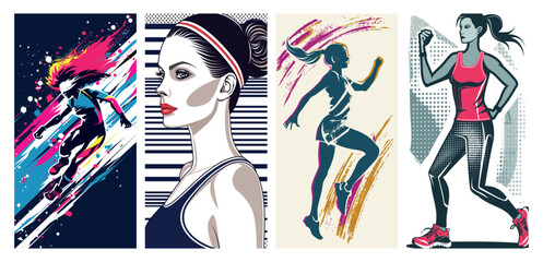 Series of four posters featuring a woman running and sports, poster set.